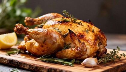 Delicious Roasted Chicken with Herbs and Lemon on Wooden Board