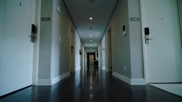 Empty Modern Hotel Hallway: Long Corridor with Quiet & Eerie Ambiance