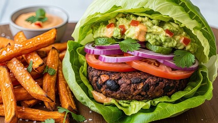 Veggie Burger Lettuce Wrap with Fries.
