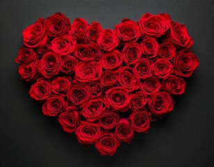 Overhead shot of numerous vibrant red roses arranged into a heart shape