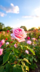 Soft focus image of a pink rose in a vibrant flower garden