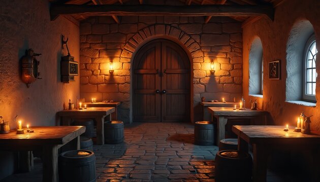 Interior medieval tavern with stone walls wooden tables and candle lights. Rustic bar scene with barrels cobblestone floor and arched doorway. Cozy vintage inn atmosphere.
