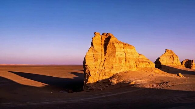 Photorealistic Minimalist Gobi Yadan Landform: Golden Hour Sunset Long Shadows on Wind-Sculpted Rocks, Vast Desert Plain & Blue-Purple Sky
