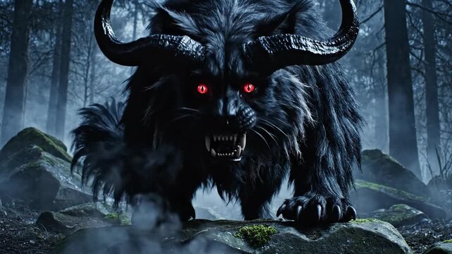 A formidable beast with glowing red eyes and large horns emerges from a misty forest, on rocks