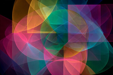Glowing translucent geometric shapes with vibrant neon colors overlapping on a dark black background abstract art.
