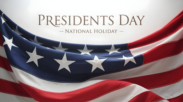 Presidents Day National Holiday Text Over a Classically Draped American Flag on a Clean White Background