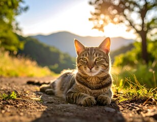 Cat resting serenely on a path, backlit by a warm sunset