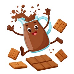Animated chocolate milk pitcher splashing, surrounded by cookies and chocolate bars