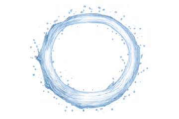 Water splash circle forming a blue liquid swirl frame, creating a dynamic ripple effect with spray, transparent background