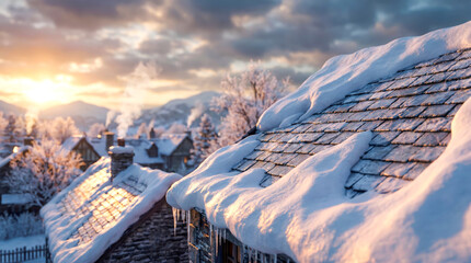 Winter Sunrise Over Snow-Covered Roof with Icicles and Smoke