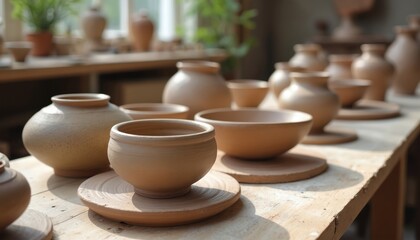 Earthenware pots and bowls sit on a wooden table in a sunlit studio. Various ceramic items are arranged for drying or display. The scene suggests a creative workspace with handmade items.