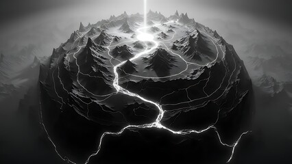 A dramatic black and white image of a spherical mountain range illuminated by lightning strikes