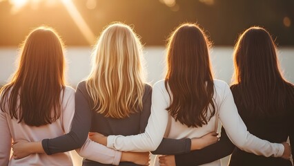 Four women with arms around each other at sunset
