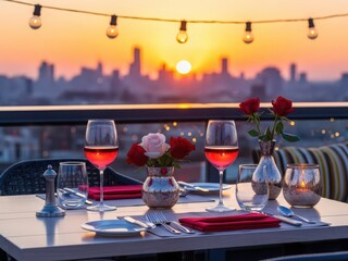 Romantic dinner for two on rooftop with city skyline view