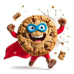 Animated cookie superhero with cape, mask, chocolate chips, milk splash, and smiling