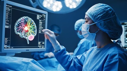 Neurosurgeon Analyzing Brain Scan on Monitor in Operating Room - Powered by Adobe