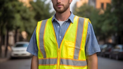 A worker in a bright neon yellow high visibility safety vest stands on a city street