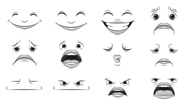 A captivating collection of expressive cartoon eyes and mouths illustrating various human emotions and feelings
