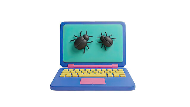 3D Laptop with Bugs on Screen - Powered by Adobe