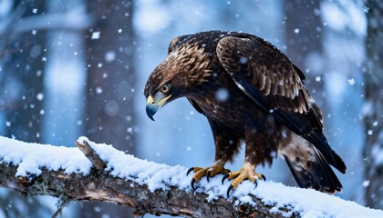 Majestic Brown Eagle Perched on Snowy Branch in Winter Forest