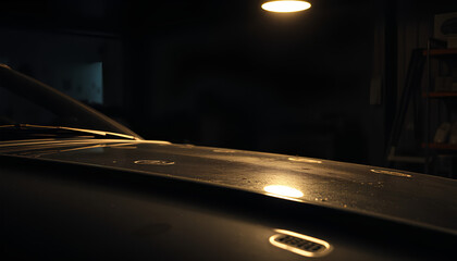 Realistic garage night scene with a single bright lamp illuminating a car hood, moody shadows, detailed oil stains and metallic reflections 2