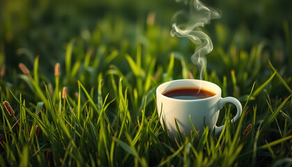 Realistic image of a cup of hot coffee with puffs of smoke in the middle of a green meadow with grass leaves waving in the gentle breeze 2
