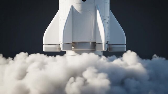 cinematic slow motion 3D rocket launch small spacecraft rising vertically with soft white smoke physically accurate simulation minimal design solid background detailed rocket surface subtle reflection