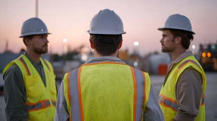 Construction workers in high visibility vests and hard hats engage in a discussion at an industrial site during twilight