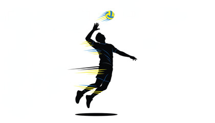 Fototapeta premium Volleyball player silhouette jumping for a powerful spike, dynamic sports action vector with motion blur, professional athlete jumping to hit ball