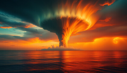 Powerful tornado forming over a calm ocean under an apocalyptic orange and teal sky, cinematic lighting, painterly feel