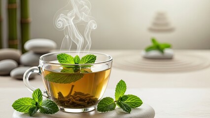 Steaming Cup of Green Tea with Fresh Mint Leaves.