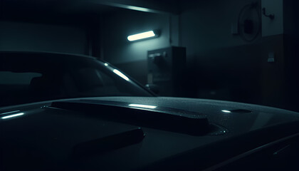 Realistic garage night scene with a single bright lamp illuminating a car hood, moody shadows, detailed oil stains and metallic reflections