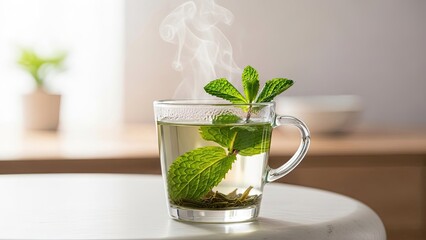 Steaming Herbal Tea in Clear Mug.
