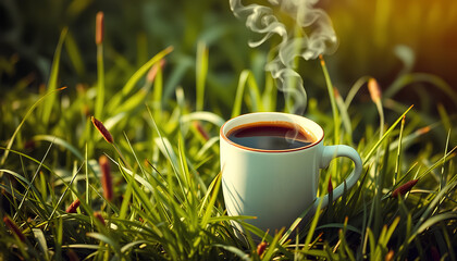 Realistic image of a cup of hot coffee with puffs of smoke in the middle of a green meadow with grass leaves waving in the gentle breeze