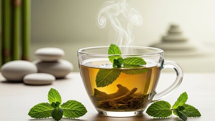 Steaming Herbal Tea in Glass Cup.