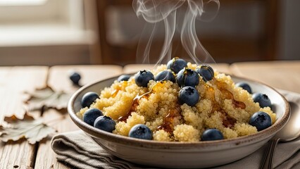 Steaming Hot Blueberry Oatmeal Breakfast Bowl.