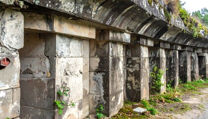 Weathered brick structure with arched ceiling and supporting pillars