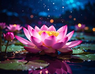 Close-up of a blooming lotus flower floating on water with bokeh (1)