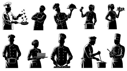 Silhouette Chef Icons Culinary Professionals in Various Kitchen Activities