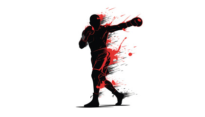 Obraz premium Boxer Throwing Punch in Dynamic Motion with Red Splashes in Dark Silhouette on White Background for Sports Illustration