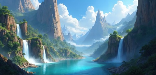 Turquoise river flows past steep cliffs with lush green trees. Waterfalls cascade down rocky mountains under a bright blue sky with fluffy white clouds. Serene natural landscape.