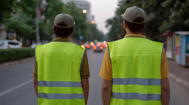 Two individuals from behind wearing bright yellow green high visibility safety vests and caps stand on an urban street looking at traffic at dusk