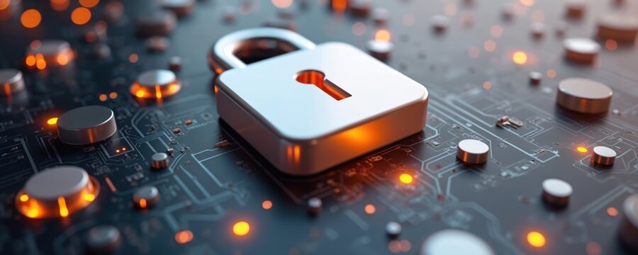 Metal padlock secures digital circuit board network. Abstract cyber security concept with glowing lights. Data protection abstract background. - Powered by Adobe