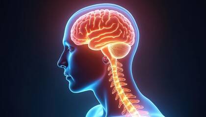 Human brain and nervous system glowing with light, showing neural network activity. Medical illustration depicts central nervous system health and possible pain.