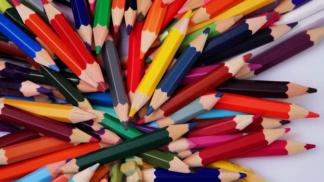 A colorful collection of sharpened pencils, overlapping each other on a white surface