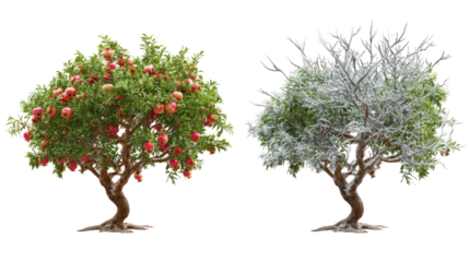 Two same pomegranate trees side by side one representing summer one winter on transparent background