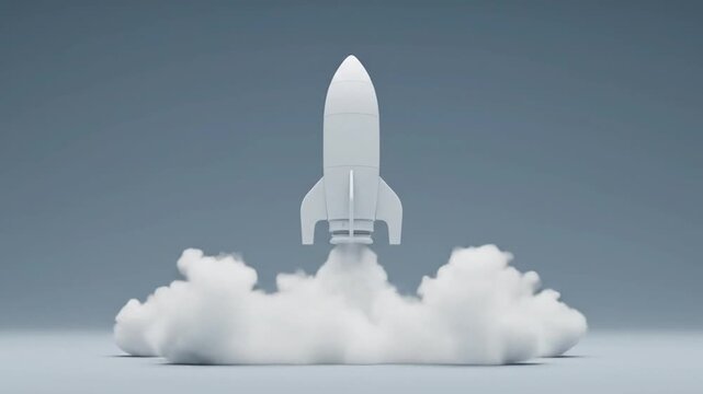 detailed 3D rocket launch animation small rocket ascending slowly with soft white smoke realistic physics minimal visual design solid background calm mood centered composition static cinematic shot ul