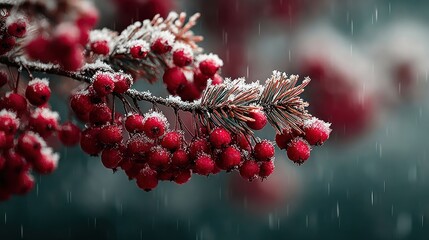Close-up snowy pine branch with red berries, serene winter atmosphere