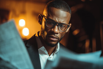 Professional black man in glasses reviewing documents in modern office setting