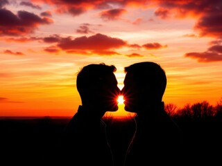 Couple silhouetted against vibrant sunset sky sharing a kiss